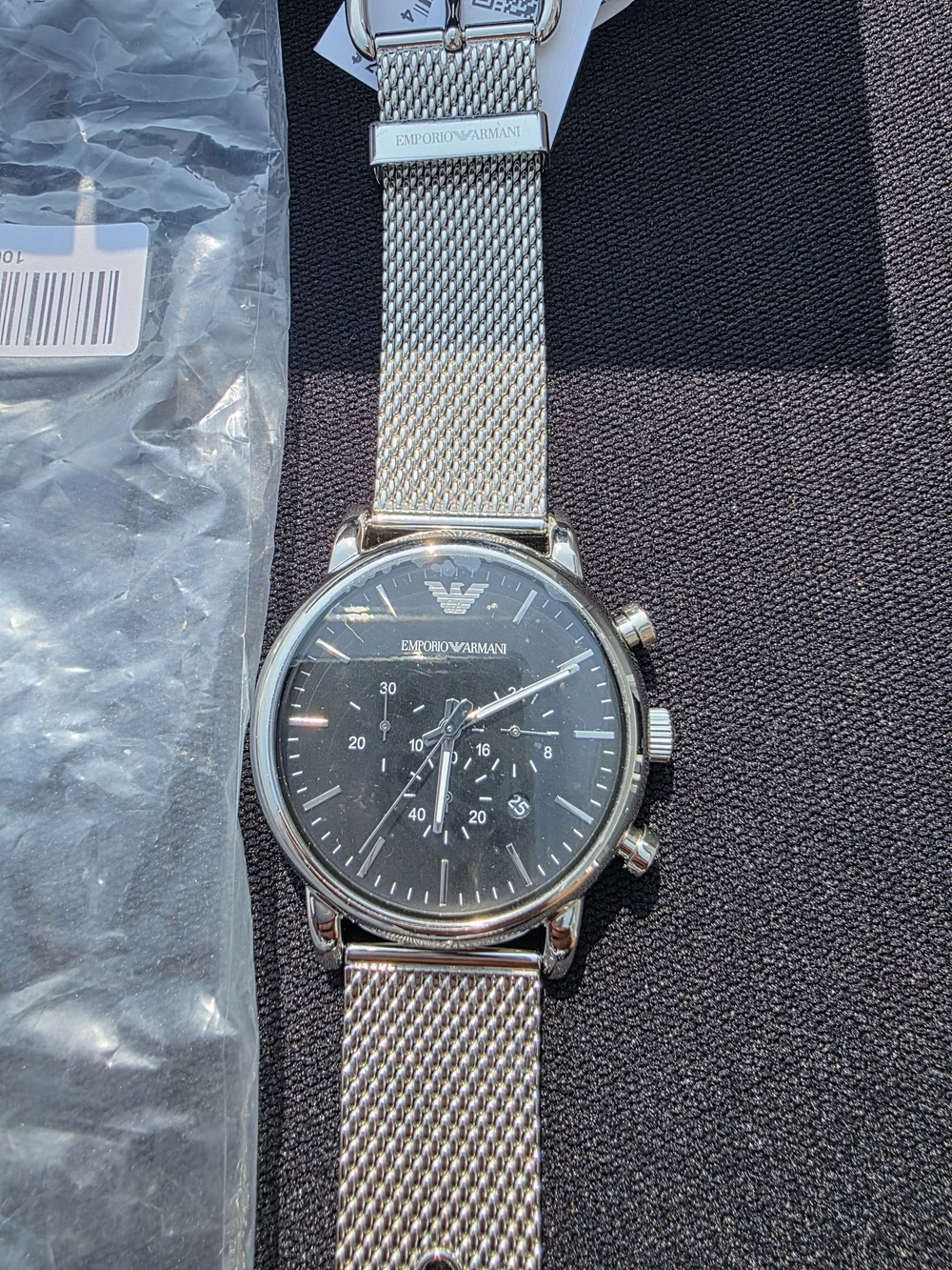 Emporio Armani Silver Stainless Mesh Chronograph Watch (Rear View)